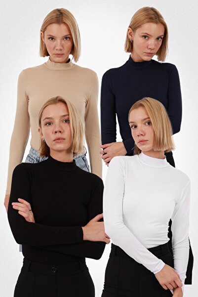 Yade Fashion Kadın Uzun Kollu Bluz 4’lü Set – Siyah Beyaz Lacivert Ekru