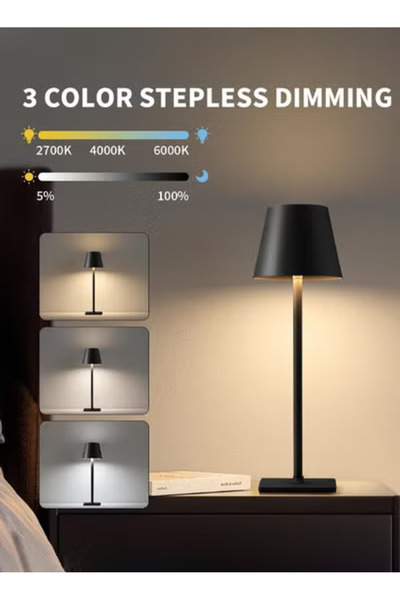 Taimi Pack Of 2 Wireless Table Lamp, Rechargeable, Metal, Portable, 2-Level Night Lighting Black