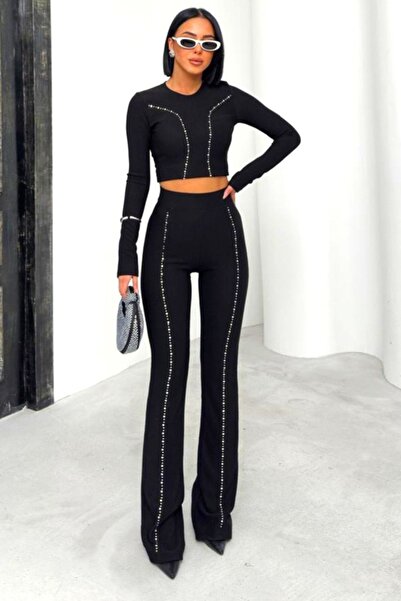 FashionForYou HaRRa casual outfit, crop top and flared pants with rhinestones, Black