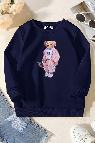 VBSVİBES Unisex Navy Blue Children's Crew Neck Sweatshirt – Mouse, Printed Thick Fabric
