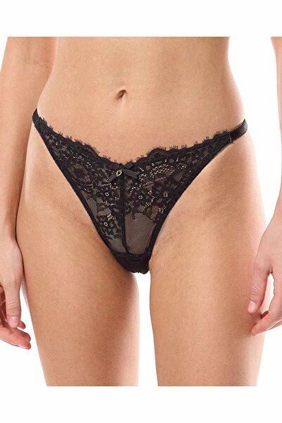 R&B Black WoMen's's Bow Detail Lace Thongs