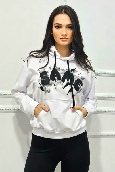 FashionForYou Hanorac dama SAME, cu bumbac, buzunare si gluga reglabila, Alb