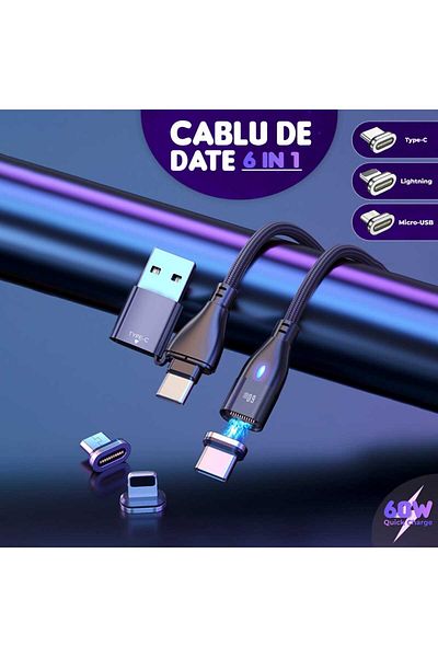 Timebox Cablu de date și încărcare rapidă, 6 în 1, QC 3.0, 60W, magnetic, USB, tip C, tip Lightning, Micro-USB