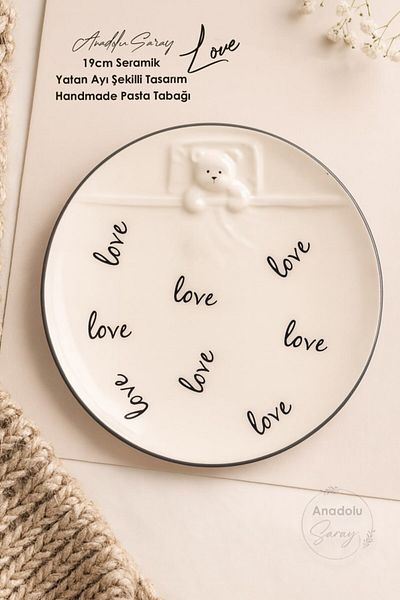Anadolu Saray 1 Piece Love Themed Ceramic Lying Bear Shaped Design Handmade Cake Plate Dessert Breakfast Cake Plate