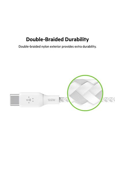 Belkin Premium Braided USB‑C 2.0 Power Delivery Cable — 100 W, 2 Meter, White