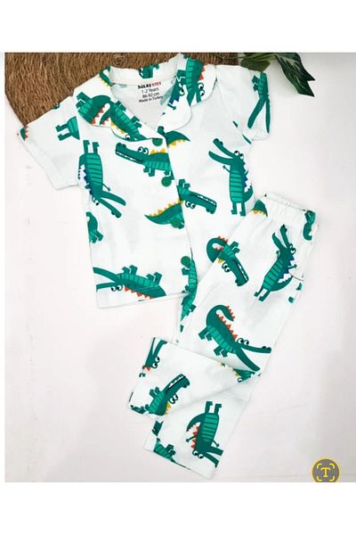 Uğur bebe Boys' Crocodile Patterned Button Collar Pajama Set - 1-2-3-4 Years Old 100% Cotton