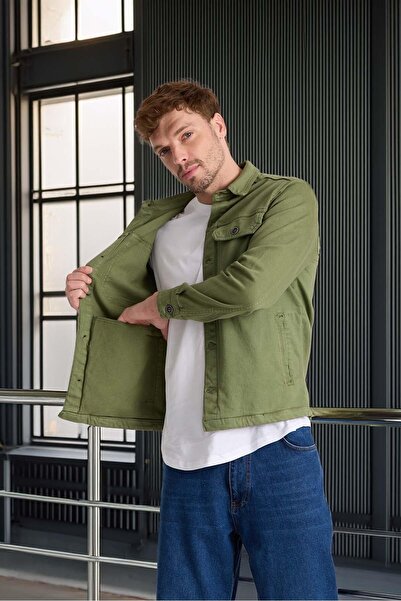 Valiberta Brad Gabardin Fabric Men's Denim Jacket with Side Pockets - Khaki