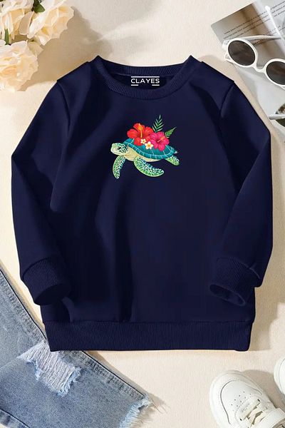 CLAYES Unisex Navy Blue Παιδικό φούτερ με λαιμόκοψη – Cherie Ribbons, Χοντρό ύφασμα με στάμπα