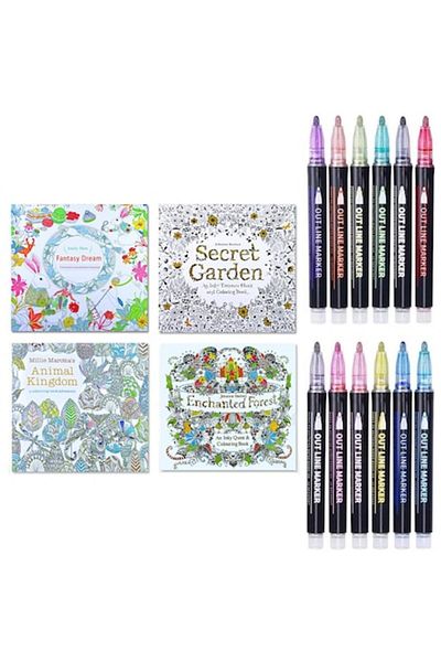 OEM Set 4 coloring books + 12 markers with border, Mandalas, Zen