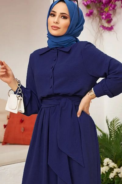 Neşeli Butik cămașă cu curea pentru femei, cu guler, salopetă islamică largi NMS010