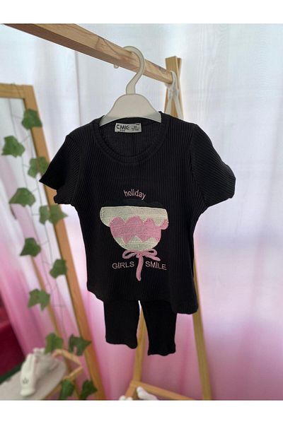 Cmk Kids Girl's Black Embroidery Detailed Ribbed Leggings Set