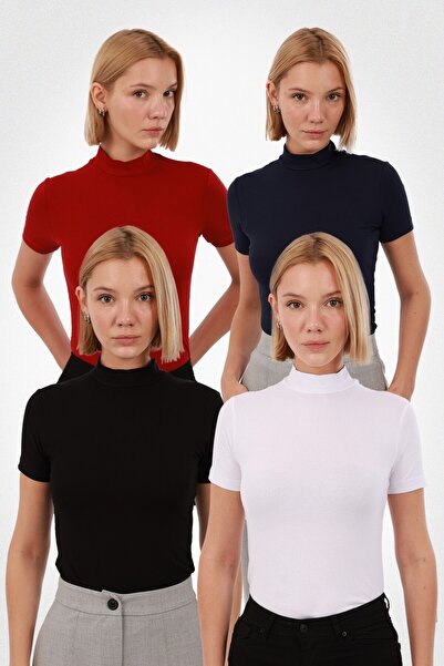 Yade Fashion Kadın Kısa Kollu Bluz 4’lü Set – Siyah Beyaz Lacivert Kırmızı