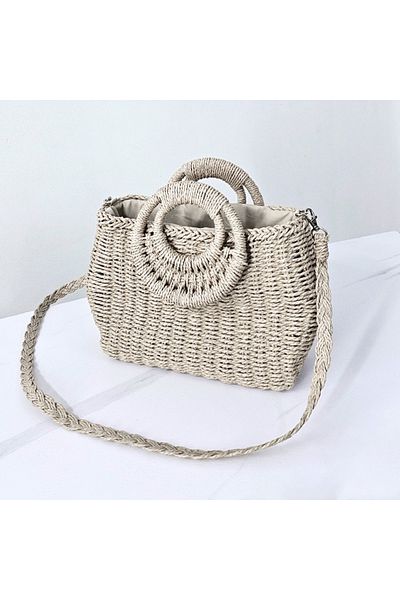 FashionForYou STRAW beach bag, crossbody, with cover and removable chain, Cream