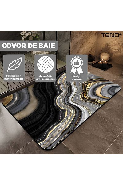 Teno Covor de Baie Universal Teno®, spuma de silicon si diatom, ultra-absorbant, 50 x 80 cm, gri/negru
