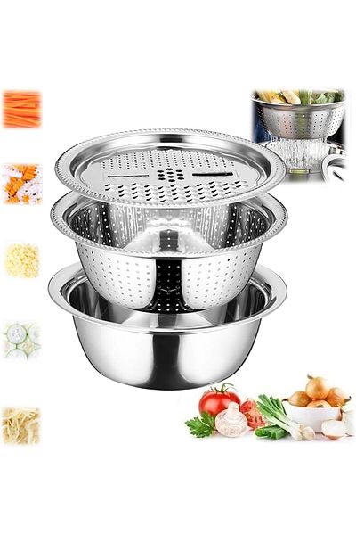 Saharaz 3Pcs/Set Stainless Steel Kitchen Tool,Grater Strainer Sieve Basin Washing Bowl Set,26x26x26cm
