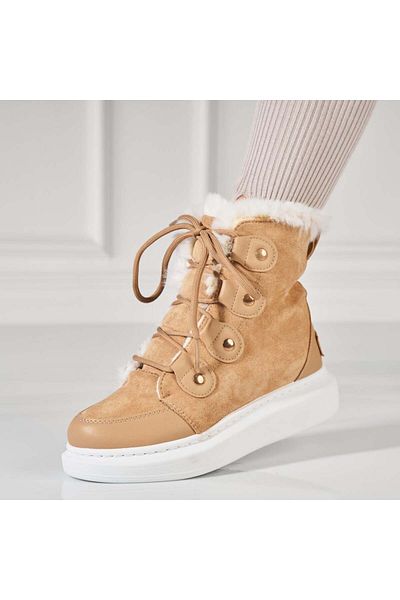 Joana Women's Khaki Fur-lined Boots Made of Eco-Suede Leather Narin