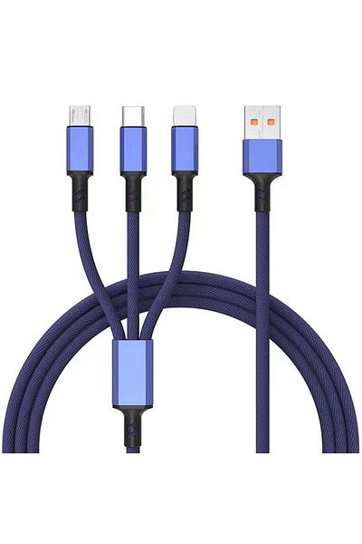Timebox Cablu de date și încărcare rapidă, 3 in 1.40W, QC 3.0, USB, USB-C, Lightning, 1.2m, Albastru