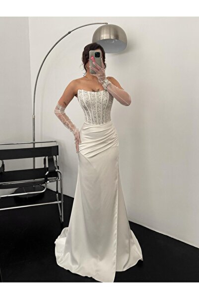 OYKUWEAR Lady Straplez Korse Detay Taşlı Beyaz Abiye