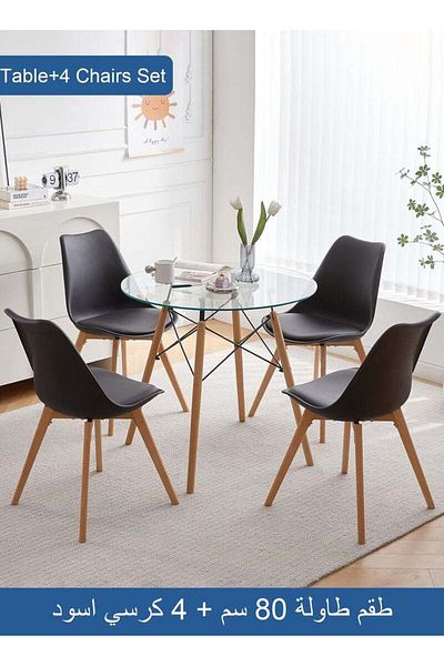 Taimi 5-Piece Dining Set – Round Tempered Glass Table 80x80x72cm With 4-Black Chairs Soft Padded Seats