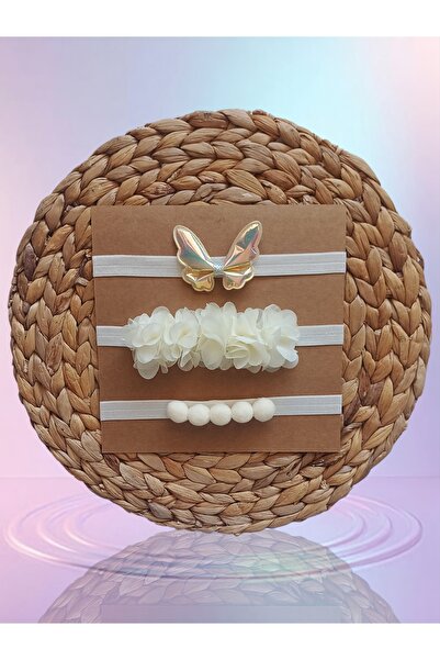Panowill Design Kız Bebek Ekru Renk Kelebek Ponpon Şifon Çiçekli Saç Bandı Seti
