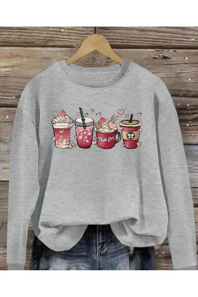 herkesemoda Φούτερ με στάμπα Crew Neck με Fleece εσωτερικά