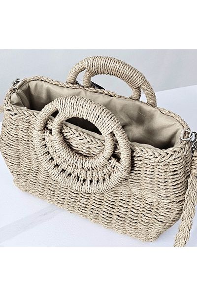 FashionForYou STRAW beach bag, crossbody, with cover and removable chain, Cream