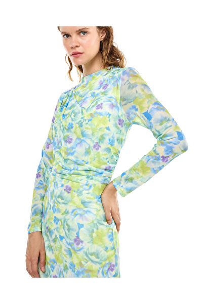 R&B Printed Maxi Dress with High Neck and Long Sleeves