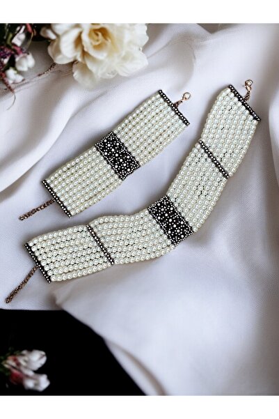 FAYRA ACCESSORIES Antik Bronz İnci Tasma Kolye ve İnci Bileklik Seti