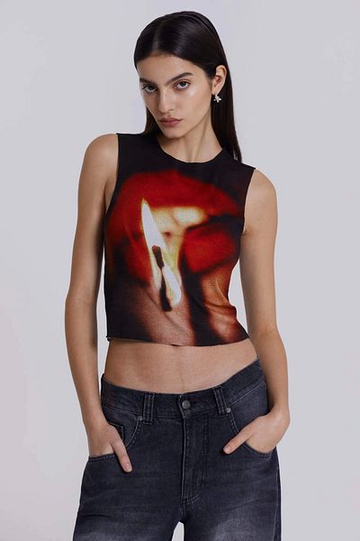 VibeGaia Printed Flame Patterned Satin Look Slit Crop Tank Top