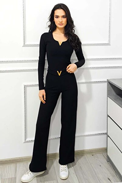 FashionForYou Compleu casual DELYA, cu bluza decoltata si pantaloni talie ina...