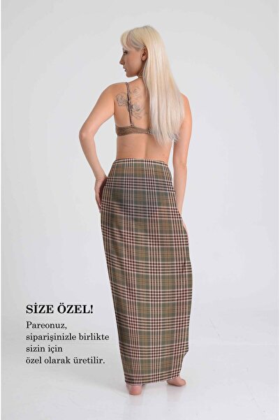 DESENİX Vintage Khaki Plaid Patterned Pareo | Soil Tones | 100X145Cm | Digital Printing