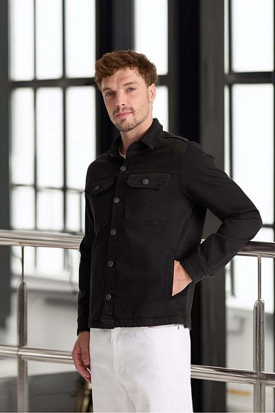 Valiberta Brad Gabardine Fabric Men's Jacket with Side Pockets - Black