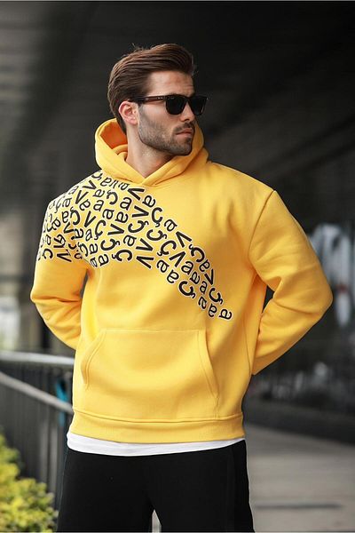Madmext Yellow Printed Hooded Men's Sweatshirt E7160