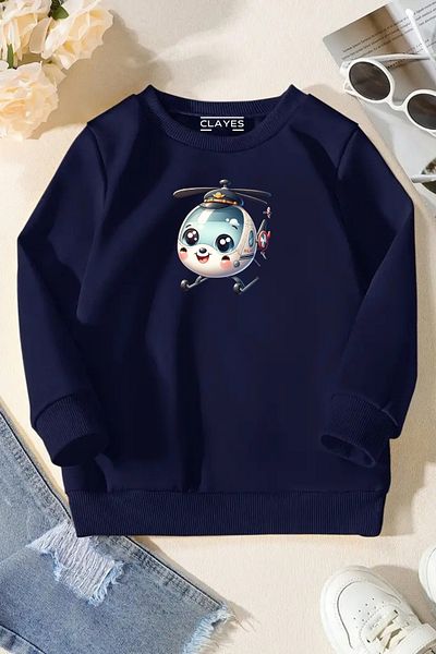 CLAYES Unisex Navy Blue Kids Crew Neck Sweatshirt – Helicopter, Printed Thick Fabric