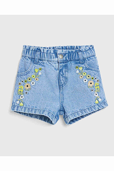 R&B Embroidered Denim Shorts with Button Closure