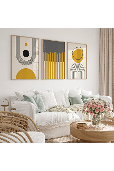 PAM STUDIO Sarı Gri 3’lü Geometrik Duvar Tablosu – Ahşap Çerçeveli Modern Min...