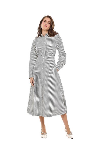 R&B Striped Shirt Dress with Classic Collar and Long Sleeves
