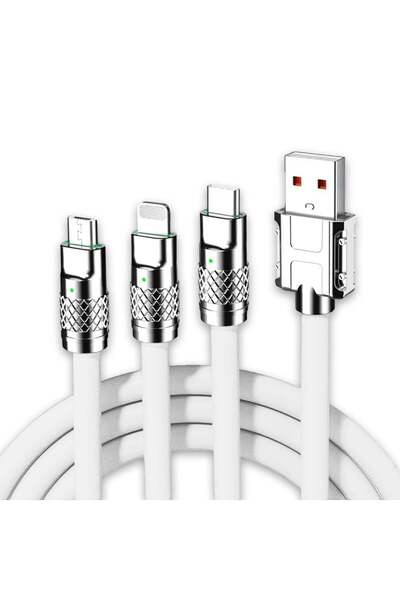 Timebox Data and Fast Charging Cable, 3 in 1, 120W, QC 3.0, USB, USB-C, Lightning, 1.2m, White