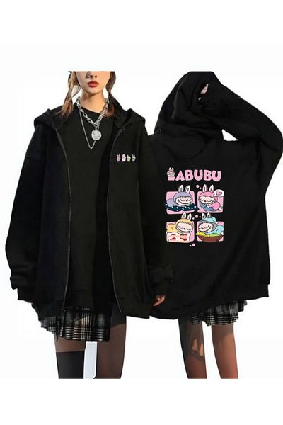 Touz Moda Cardigan cu glugă unisex negru cu fermoar oversize imprimat Labubu