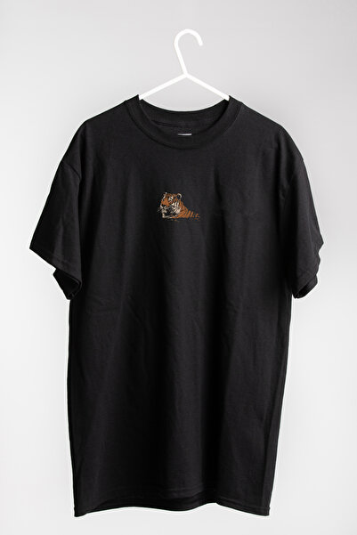 THE SHARK Özel tasarım Kaplanlı İşleme Efektli Siyah Bisiklet Yaka T-shirt