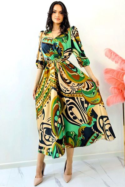 FashionForYou LORY flared dress, with Africa print and metal belt, Green, 46