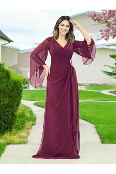 FaBe Fashion Uzun Şal Kollu V Yakalı Beli Taş Aksesuarlı Beyaz Şifon Nikah Nişan Söz ve Dış Çekim Elbisesi