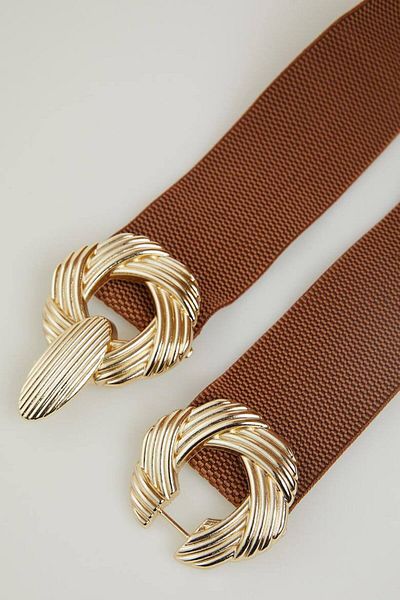 FioriModa Gold Buckle Interlocking Elastic Women's Belt, Jacket Belt, Shirt Belt, Dress Belt
