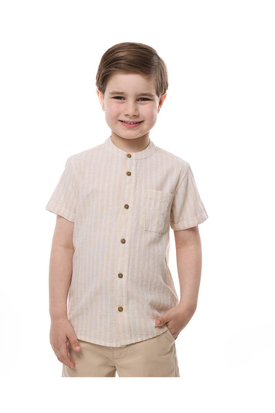 R&B قميص مخطط بياقة ماندرين وأكمام قصيرة