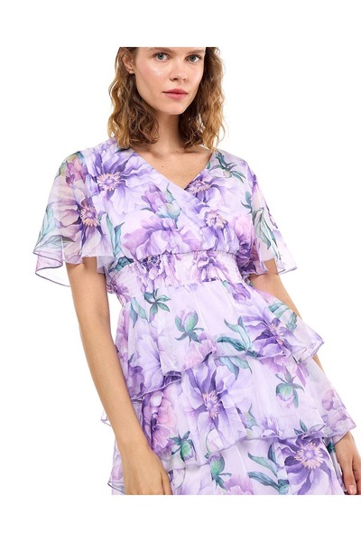 R&B فستان متعدد الطبقات بطبعة زهور مع رقبة على شكل حرف V وأكمام واسعة