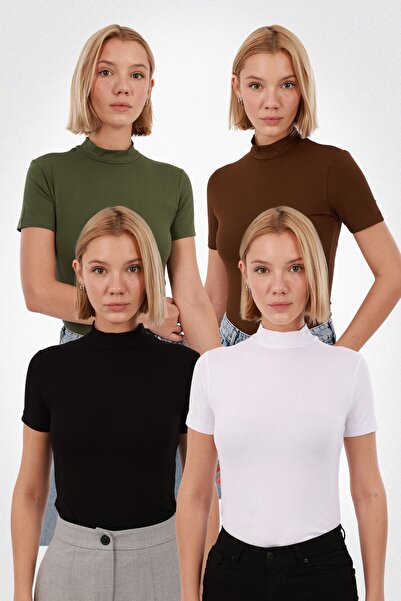 Yade Fashion Kadın Kısa Kollu Bluz 4’lü Set – Siyah Beyaz Kahverengi Haki