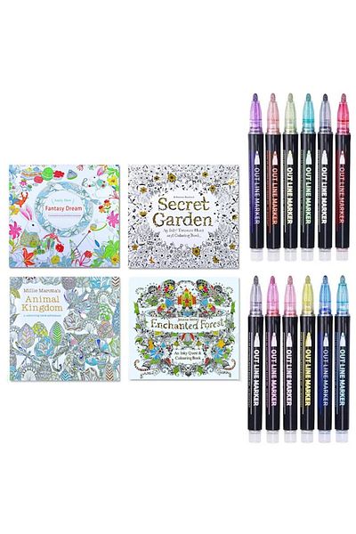 OEM Set 4 coloring books + 12 markers with border, Mandalas, Zen
