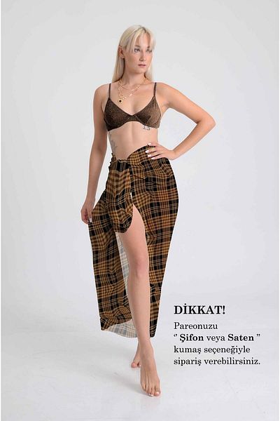 DESENİX Classic Plaid Patterned Pareo |   Caramel and Black Tones |   100X145Cm |   Digital Printing