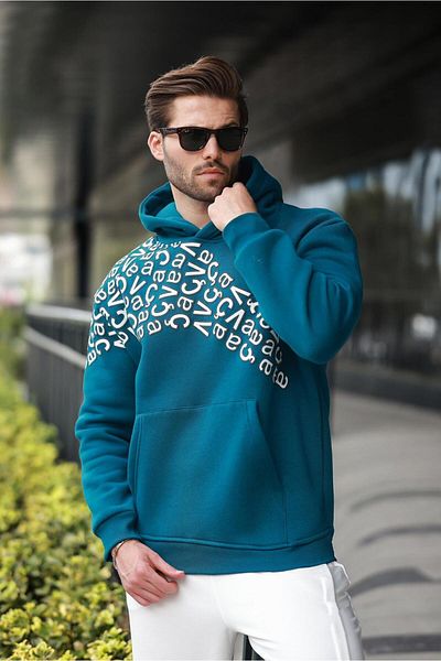 Madmext Petrol Green Printed Hooded Men's Sweatshirt E7160