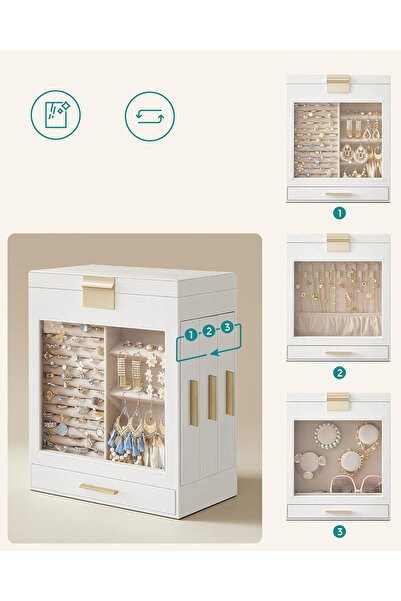 SONGMICS Jewelry Box with 3 Side Drawers, Window and Large Mirror, 16x26x32 cm, White